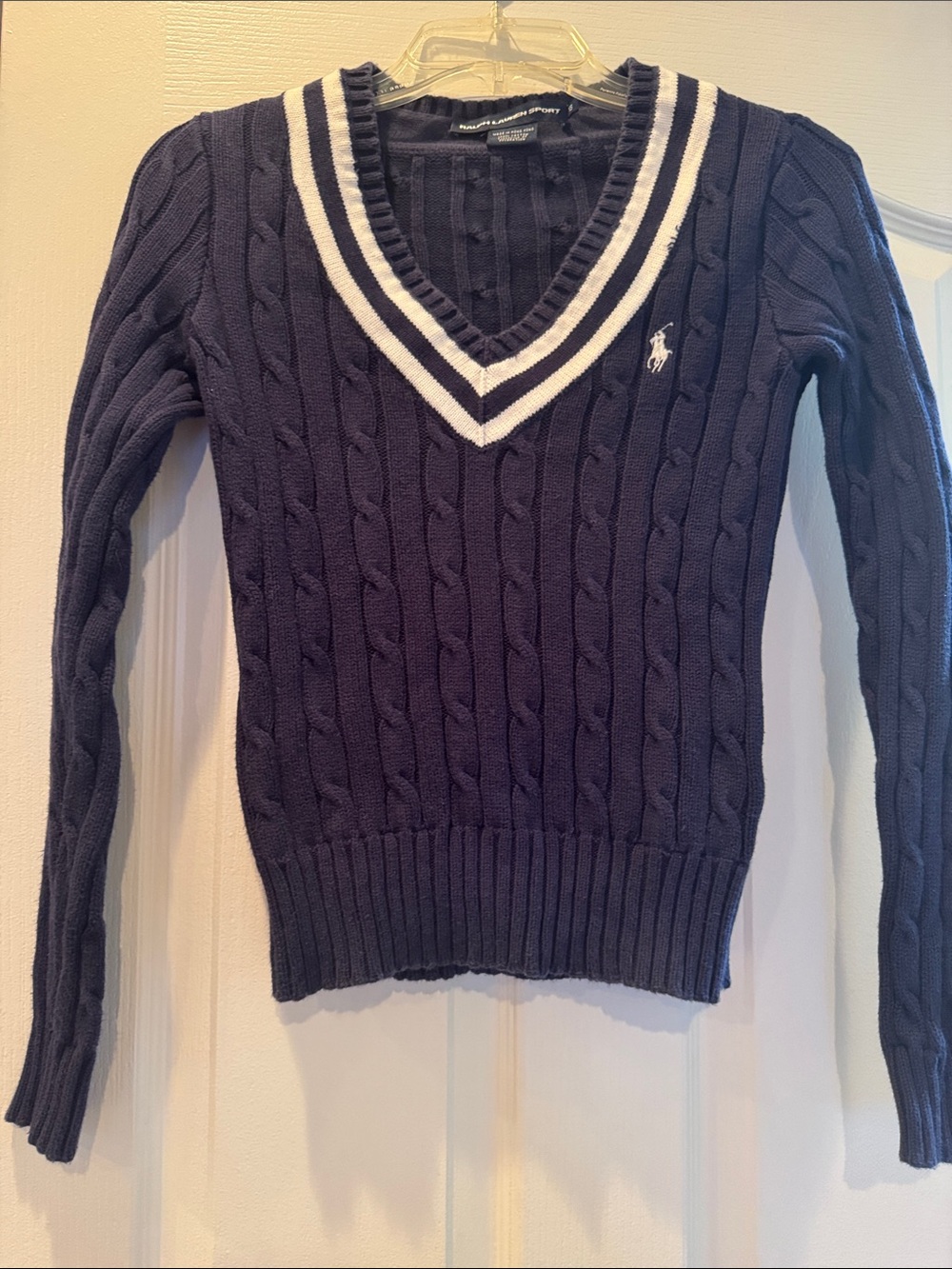 Polo by Ralph Lauren Navy V-Neck Cable-Knit Sweater with White Trim